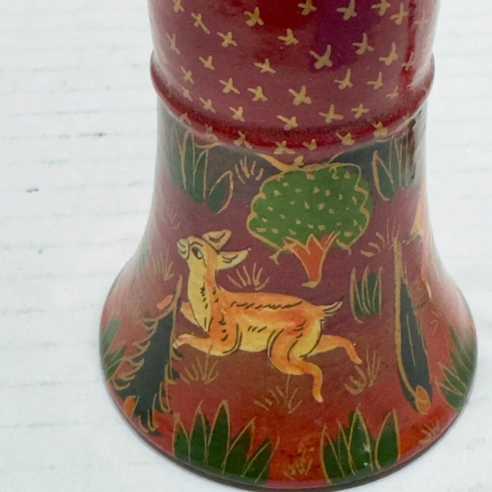 Hand Painted PapierMache Bell Ornament Red Gold Deer Woodland Scene Tassel 2.75